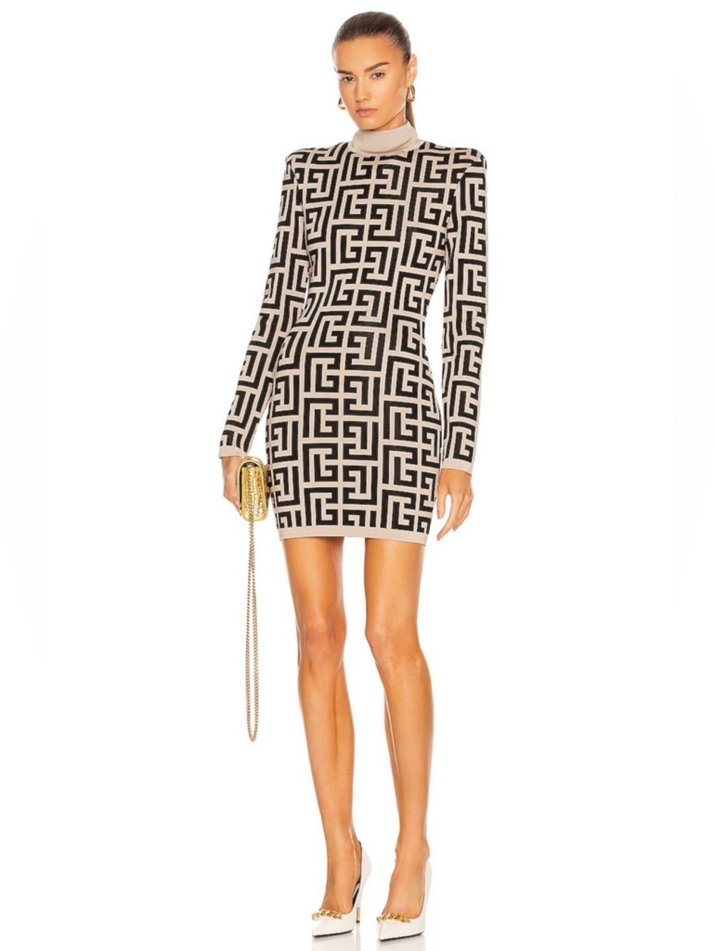 Balmain Ivory & Noir Monogram Shoulder Pad Knit Mini Dress